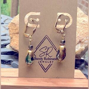 Minimalist Handcrafted Green and Gold Tone Lever Back Earrings